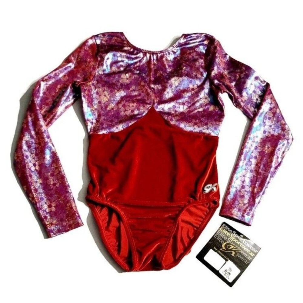 GK Elite VTG Red Velvet Floral Holographic LS Keyhole Leotard Size AM Adult M - Picture 7 of 16
